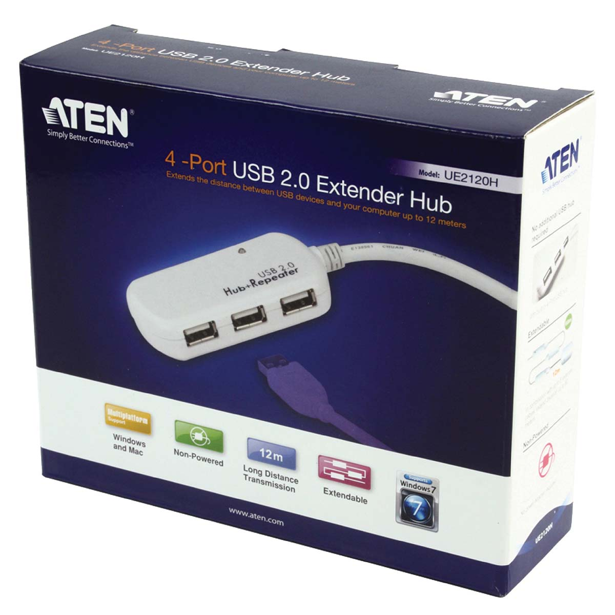 Una scatola blu e bianca mostra un hub extender USB 2.0 a 4 porte su uno sfondo bianco.