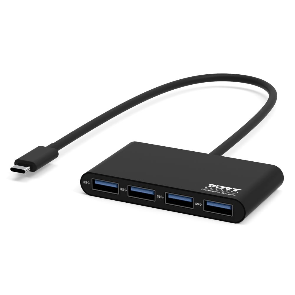 Hub USB nero con 4 porte USB e cavo USB-C su sfondo bianco.