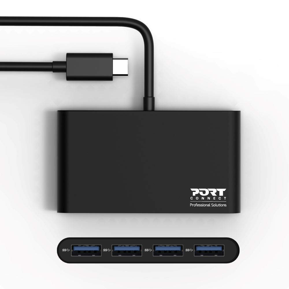 Un hub USB-C nero con quattro porte USB e un cavo, il marchio è PORT CONNECT.