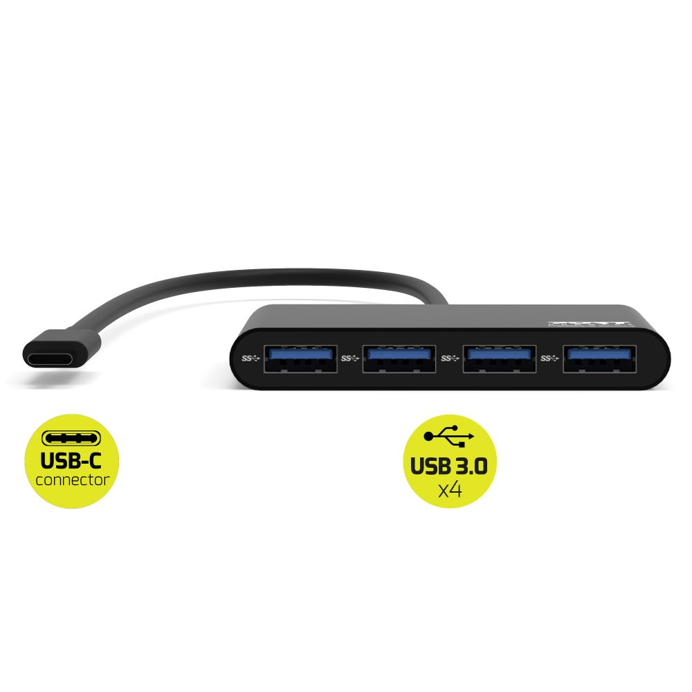 Hub USB-C nero con quattro porte USB 3.0, mostrato su uno sfondo bianco.