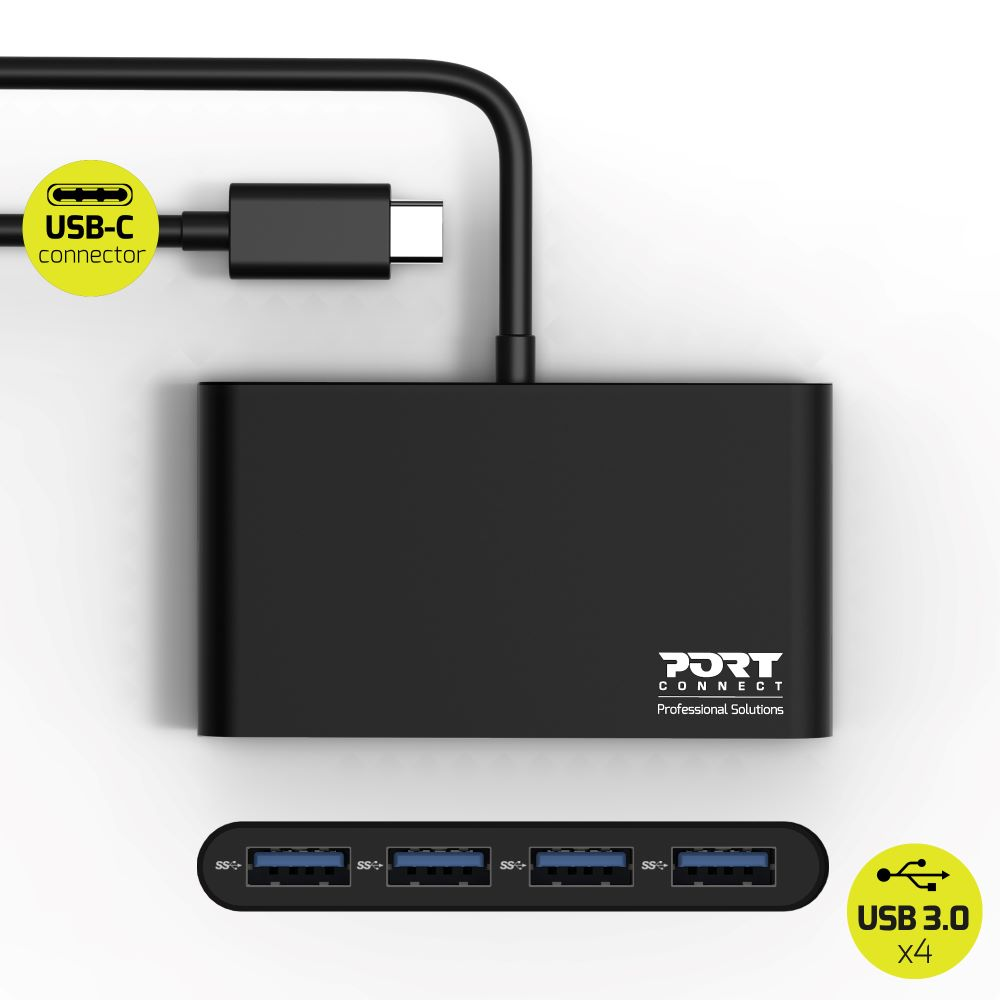 Un hub USB nero con quattro porte USB 3.0 e un connettore USB-C.