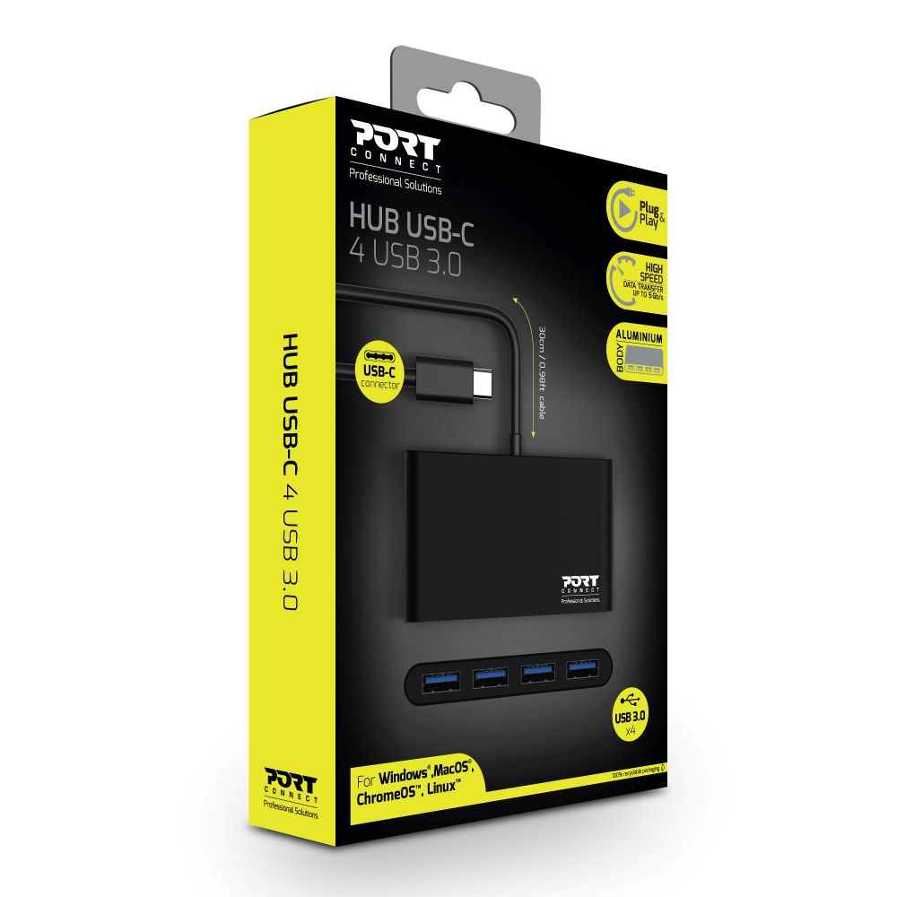 Un hub USB-C nero in una scatola, con un cavo nero e quattro porte USB visibili.