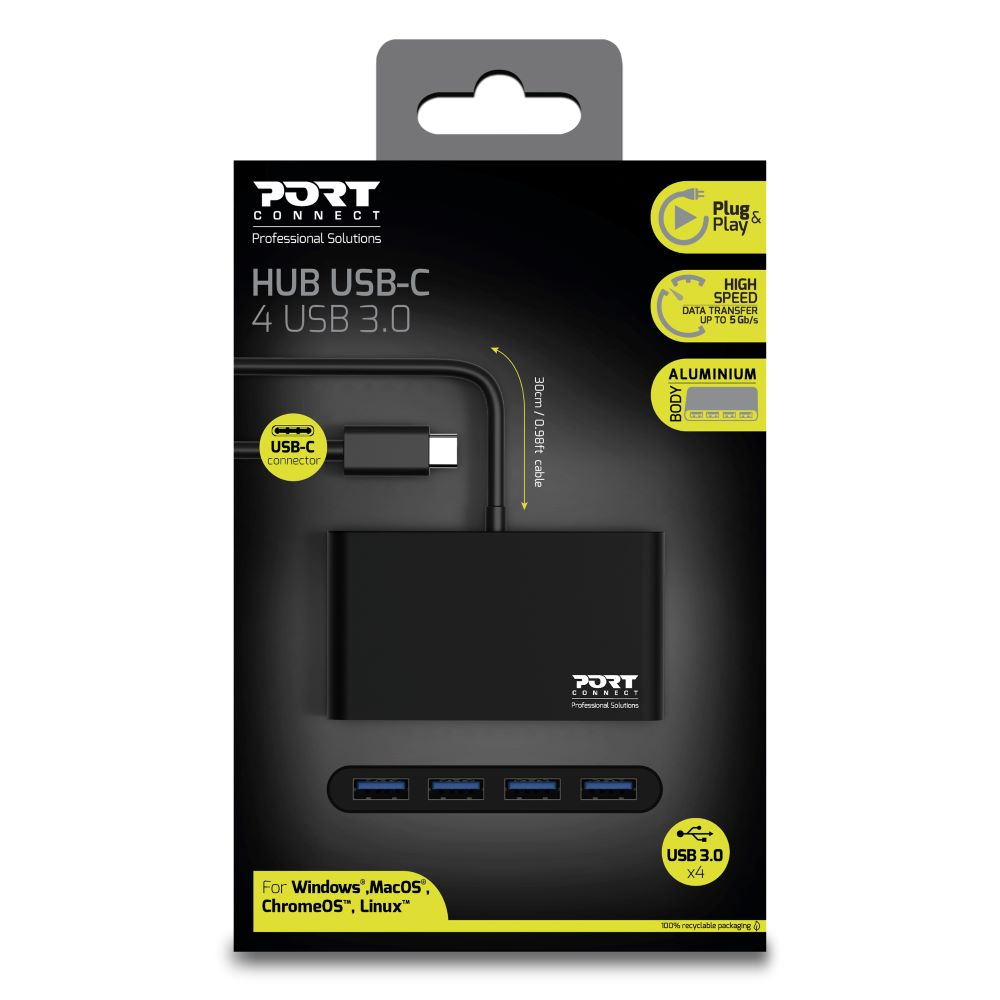 Un hub USB-C nero con quattro porte USB 3.0, in una scatola nera con il nome del prodotto.