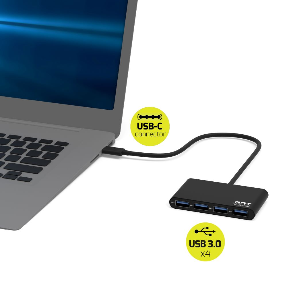 Laptop collegato a un hub USB-C nero. L'hub ha porte USB 3.0 ed è etichettato.