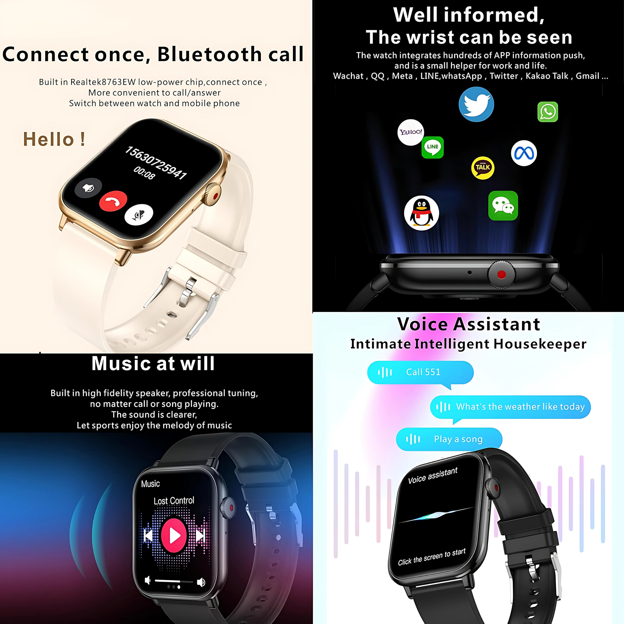 Smartwatch con cassa dorata e cinturino bianco, schermo nero e icone di varie app. Bluetooth e chiamate.