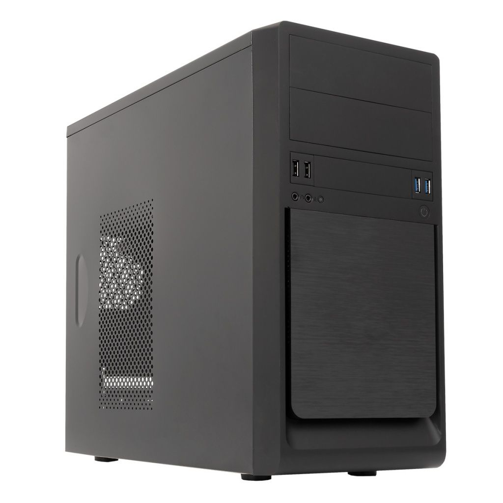 Un case per computer nero con un pannello laterale a rete e un pannello frontale con porte e pulsanti.