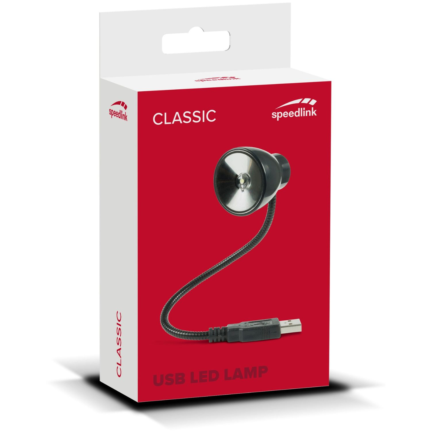 Die USB-LED-Lampe in der Box hat einen roten Hintergrund mit der Marke Speedlink und einem flexiblen Hals.
