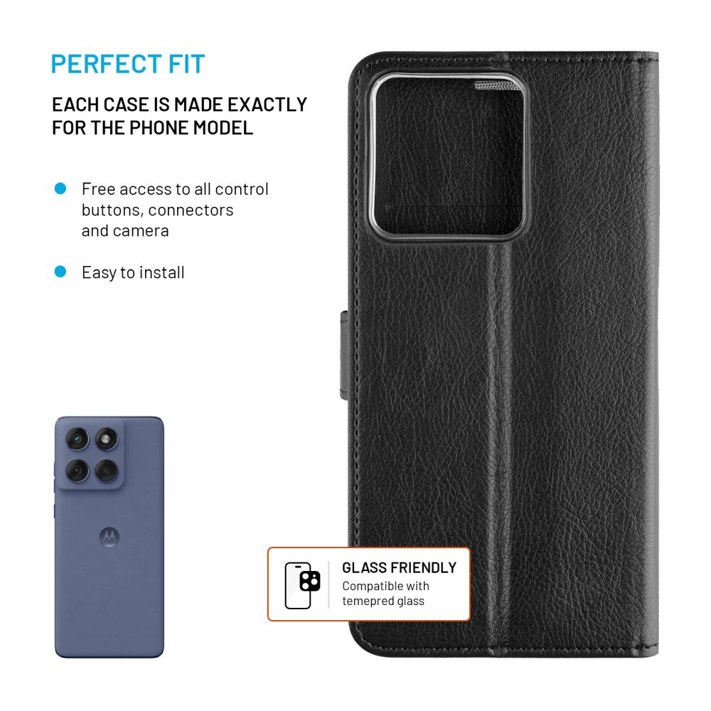 Eine schwarze Handyhülle mit einem Telefonbild links und einem Text mit der Aufschrift 'PERFECT FIT' und 'GLASS FRIENDLY'.