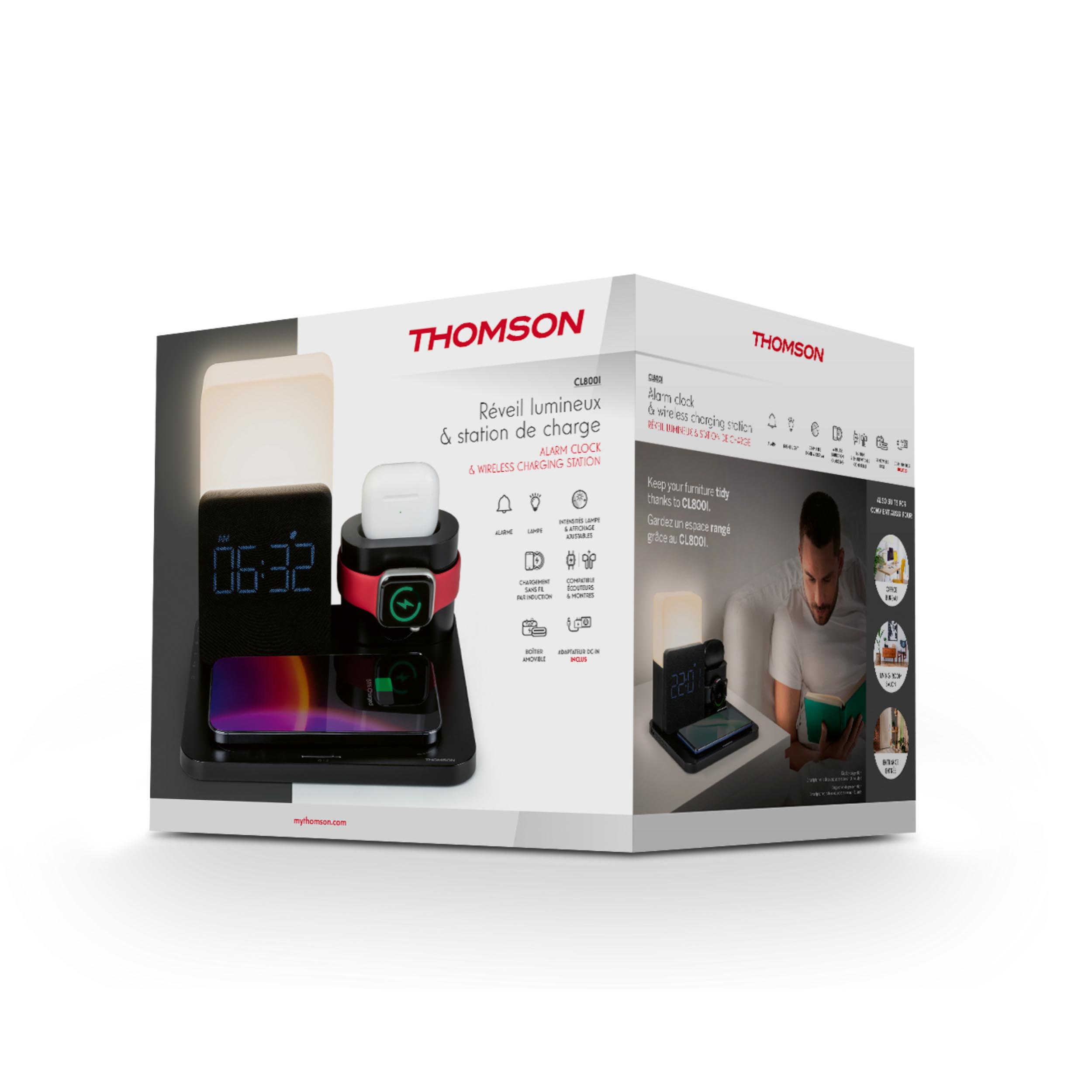 Pudełko z inteligentnym budzikiem i bezprzewodową stacją ładującą. Zawiera telefon, zegarek i słuchawki.