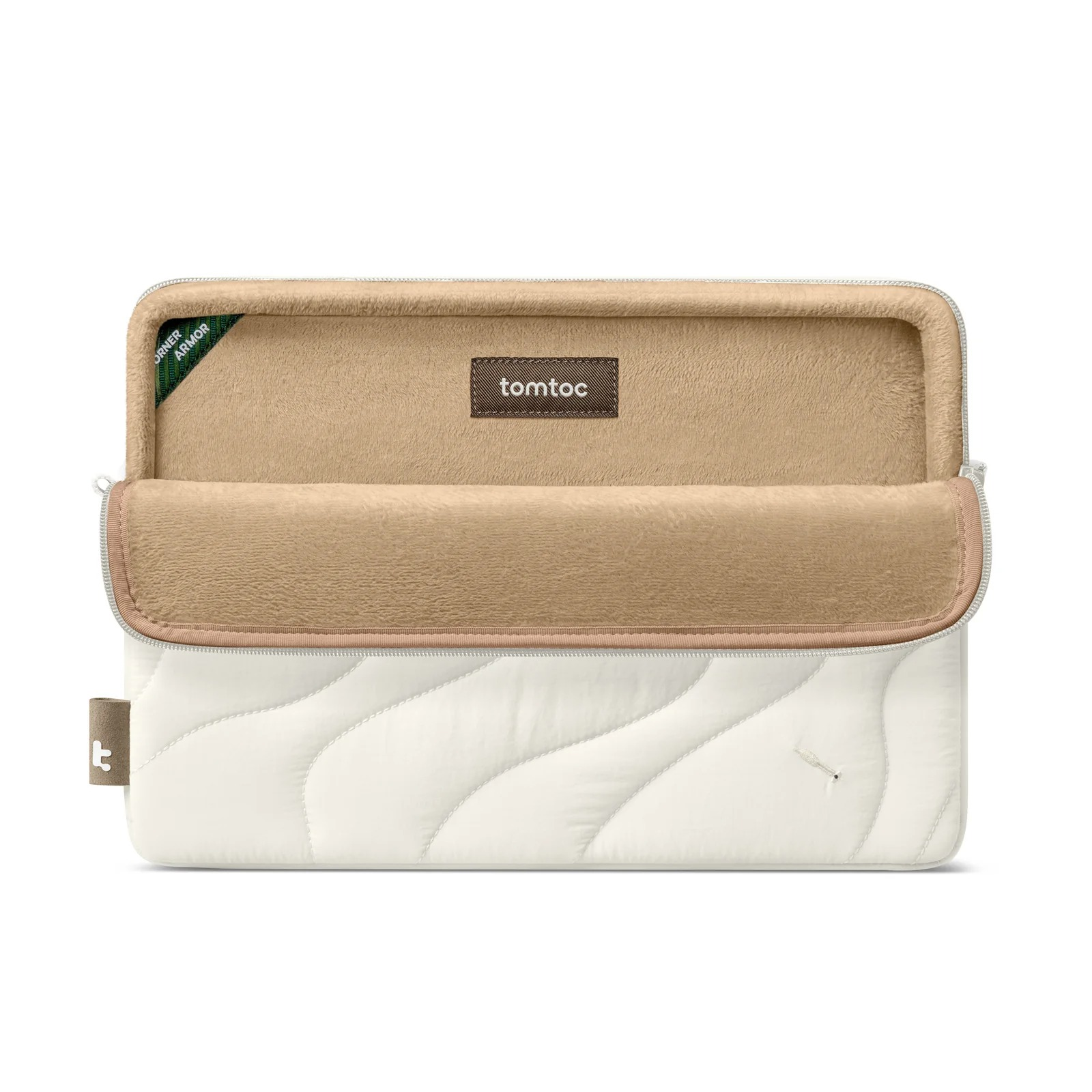 Otwarta biała torba na laptopa. Ma brązowe wnętrze i małe logo. Wnętrze jest puszyste.