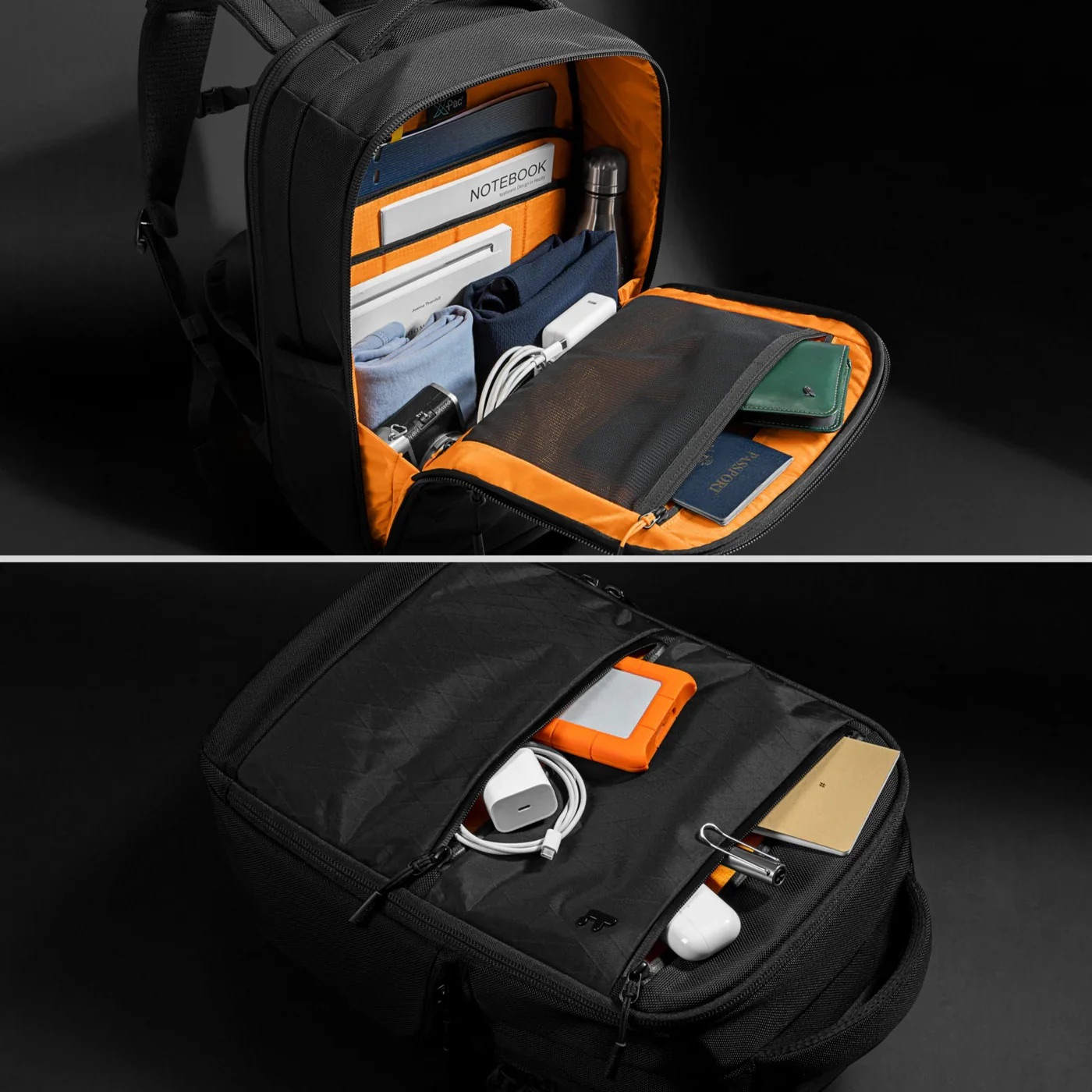 Dwa widoki otwartego czarnego plecaka z przedmiotami w środku, w tym laptopem, notatnikiem i paszportem.