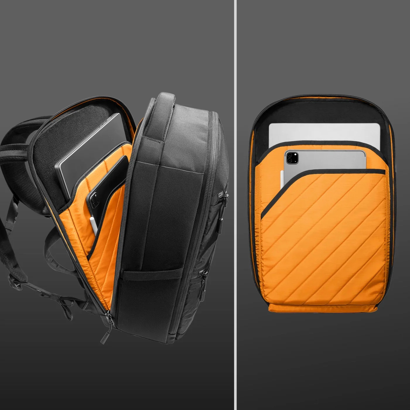 Czarny plecak z otwartą boczną kieszenią, pokazujący pomarańczowe wnętrze z urządzeniami. Podzielony obraz, widok z prawej strony.