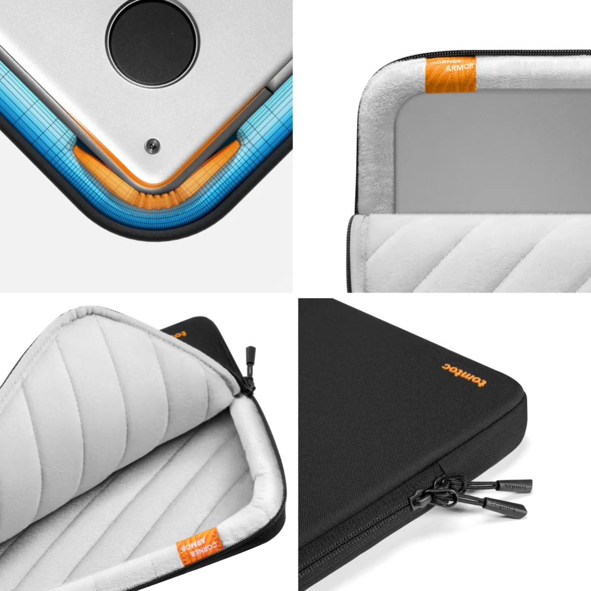 Kolaż detali etui na laptopa: ochrona narożników, otwarta obudowa z pianką, zamek i logo.
