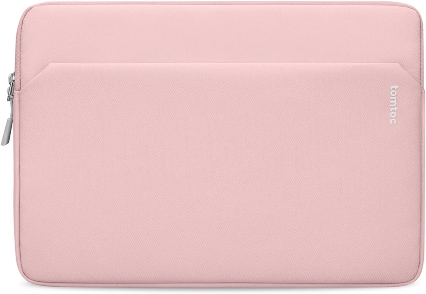 Różowy pokrowiec na laptopa ze srebrnym zamkiem i marką „tomtoc”.