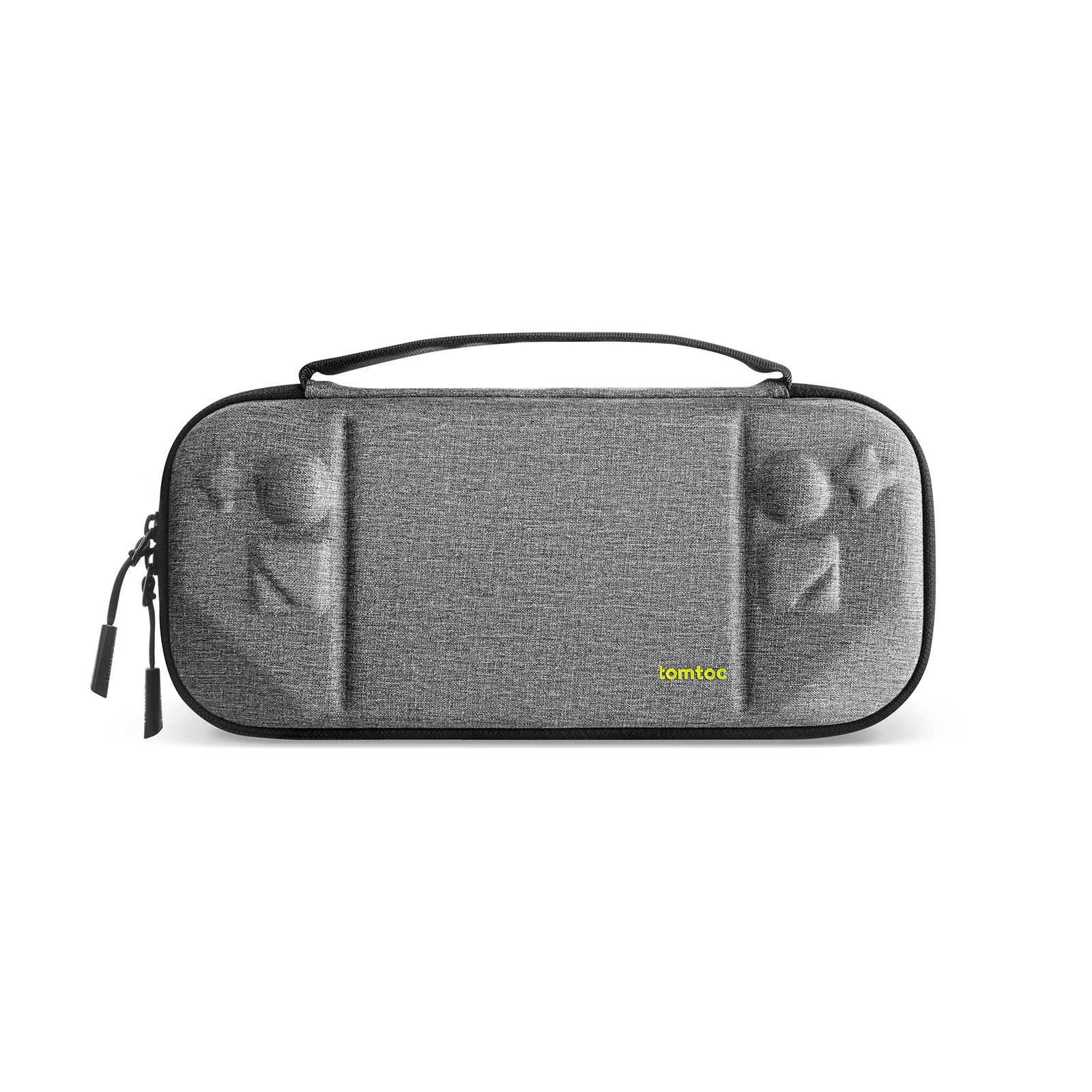Szare etui na urządzenie do gier. Ma uchwyt i widoczna jest nazwa marki „tomtoc”.