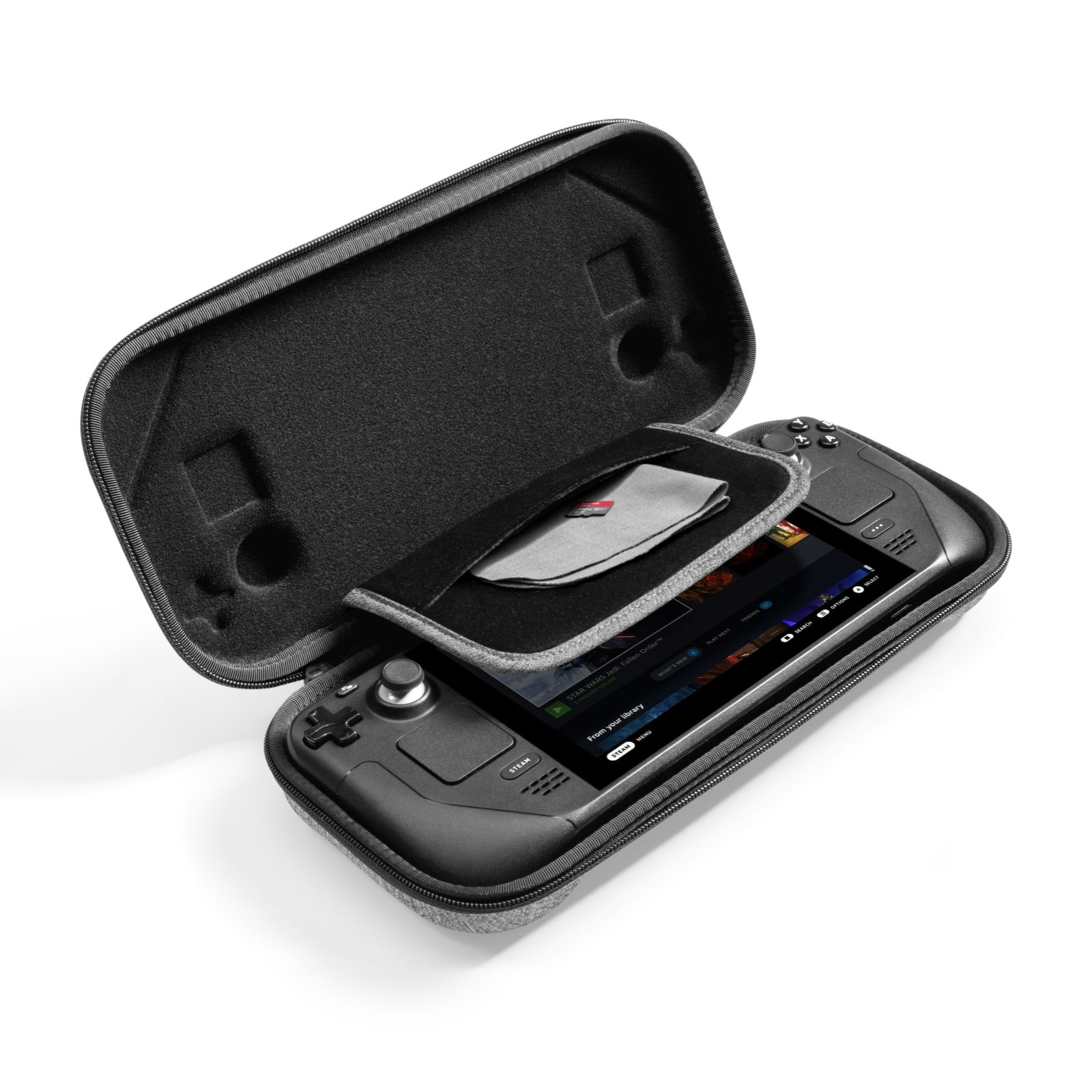 Czarna konsola Steam Deck w szarej obudowie, otwarta.