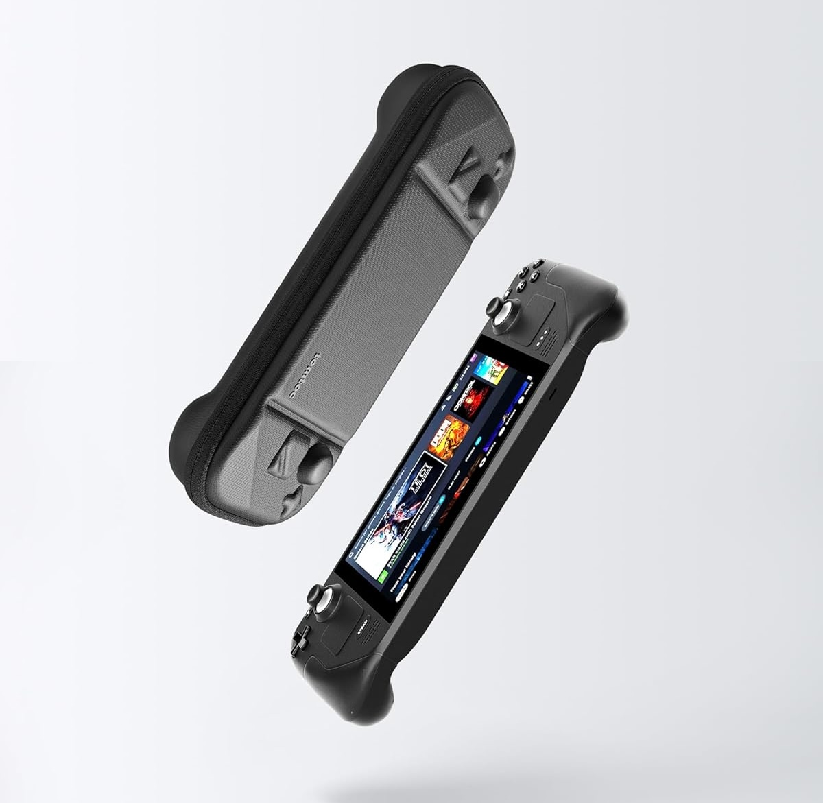 Dwa urządzenia do gier w etui. Unoszące się w powietrzu. Jeden otwarty, pokazujący ekran.