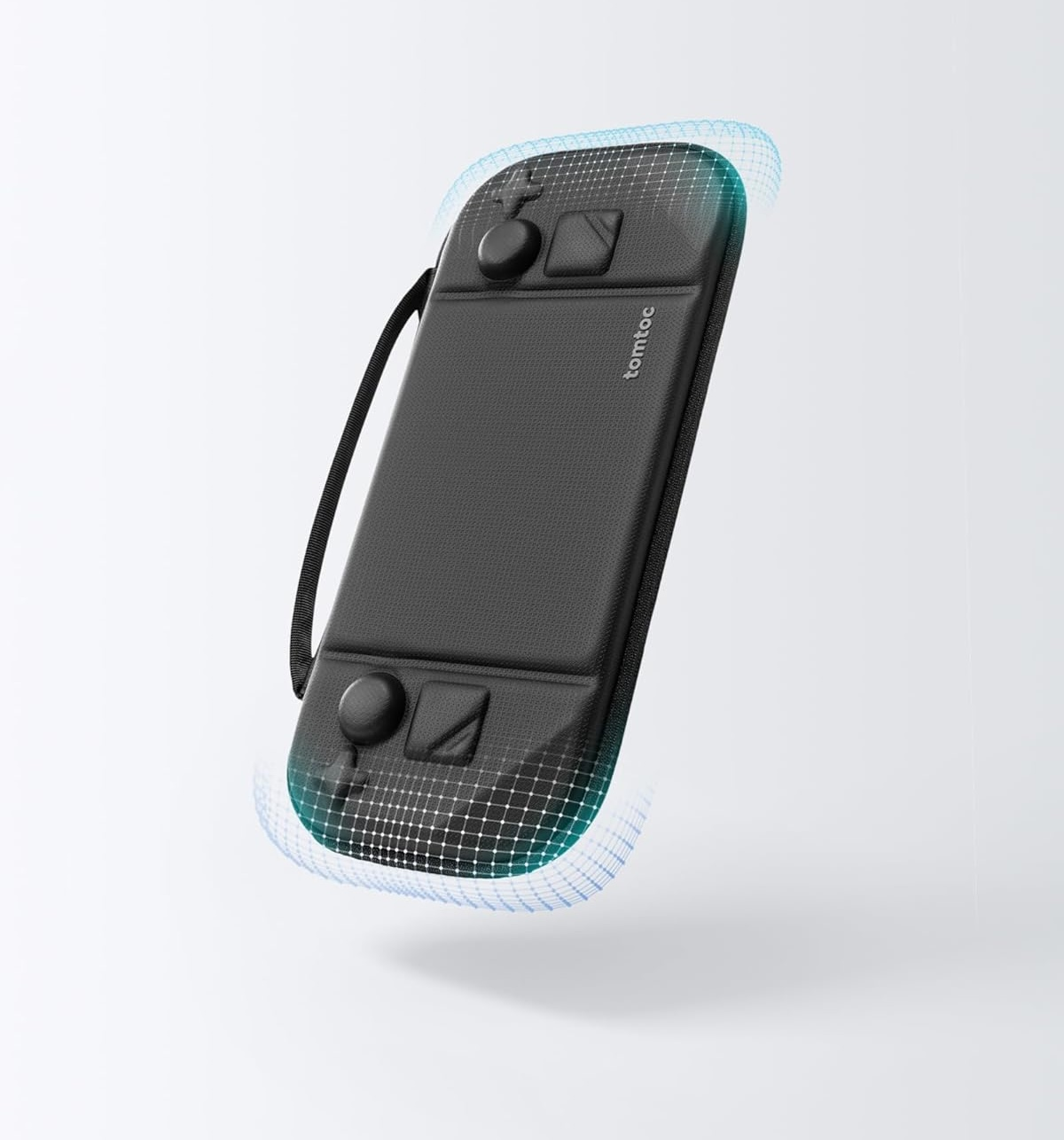 Czarne urządzenie do gier w etui. Urządzenie ma przyciski i ekran. Białe tło.