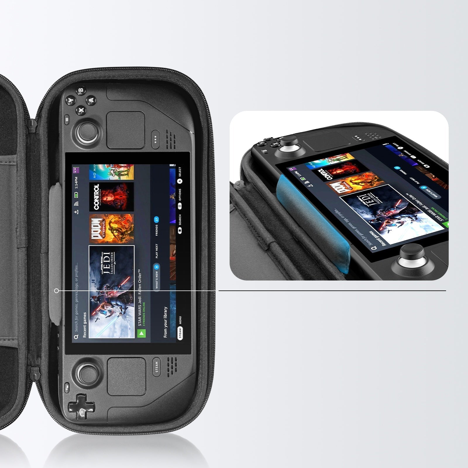 Konsola Steam Deck w etui, otwarta z ekranem gry.