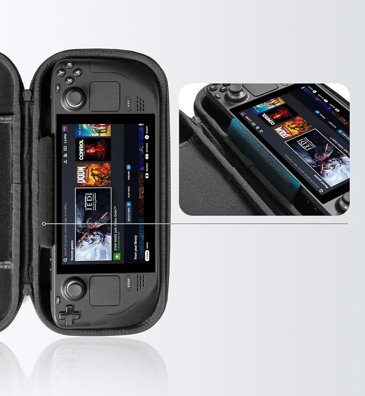 Urządzenie do gier i etui. Ekran pokazuje gry. Zbliżenie. Białe tło.