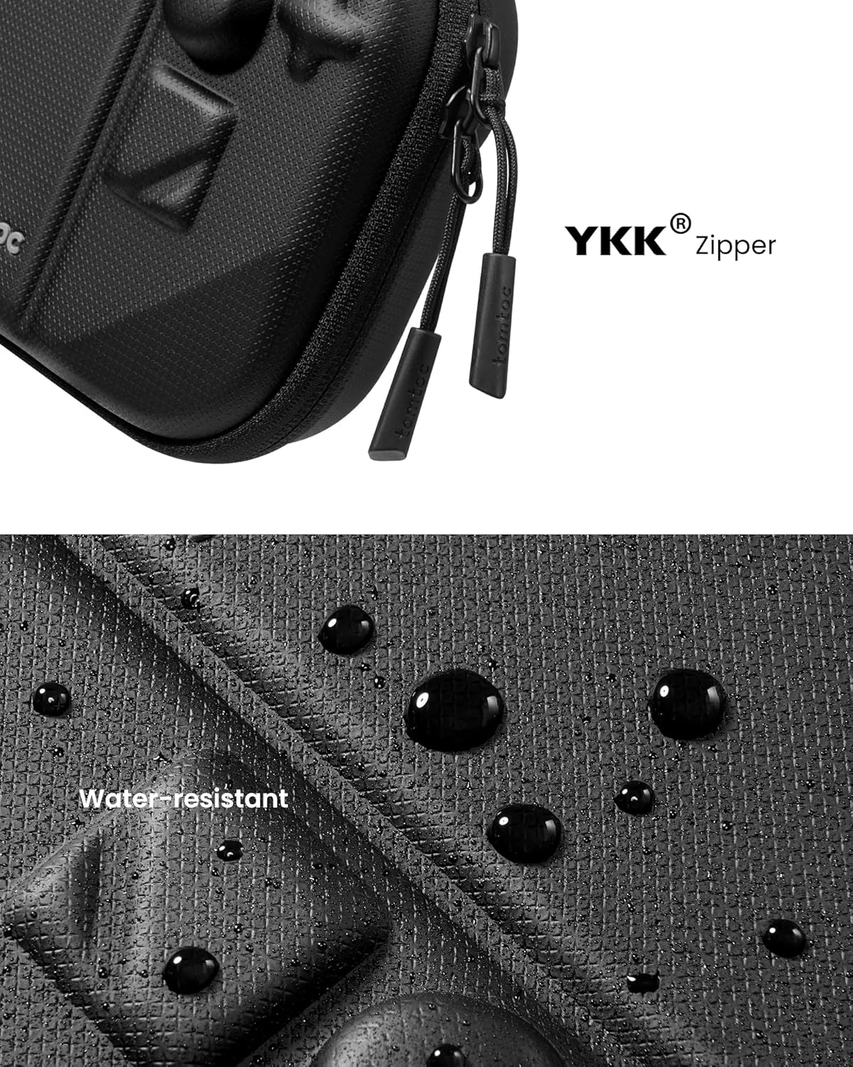 Zbliżenie czarnego etui z kroplami wody i logo marki.