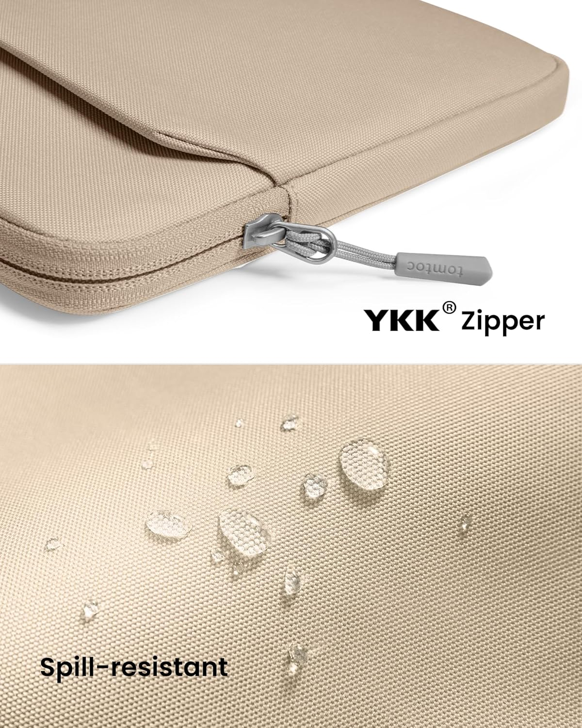 Zbliżenie beżowego pokrowca na laptopa z zamkiem błyskawicznym YKK i tkaniną odporną na zalanie z kroplami wody.