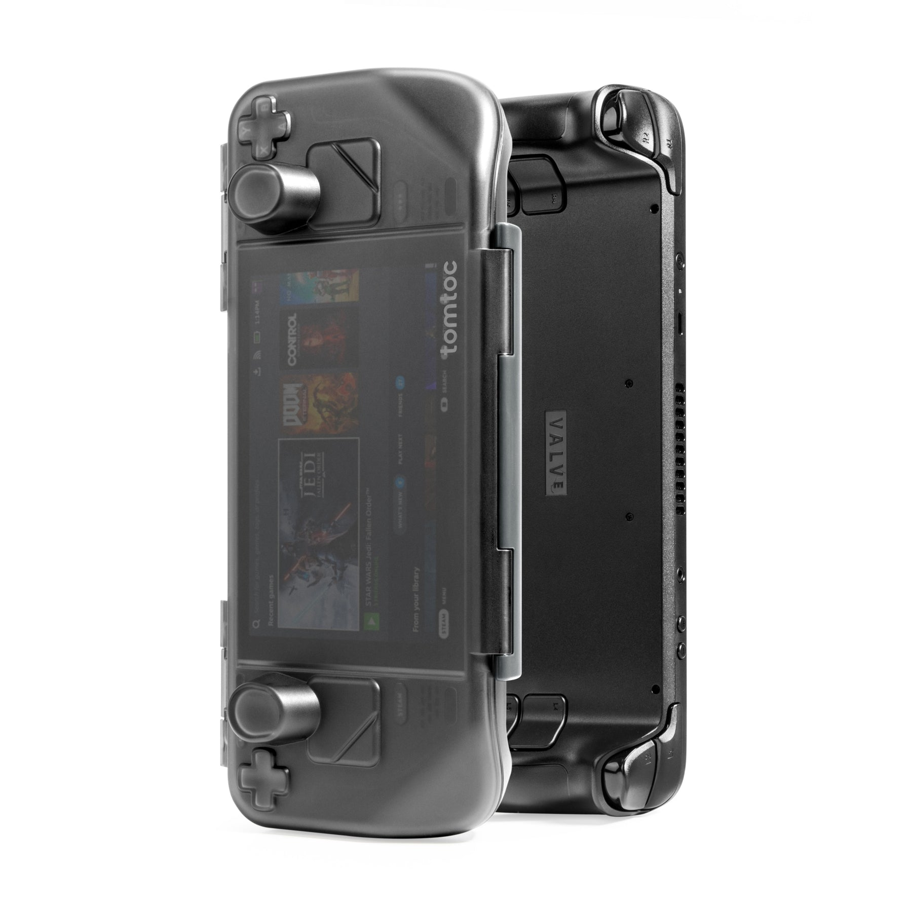 Dwie czarne, ręczne konsole do gier, jedna z etui ochronnym tomtoc, na białym tle.