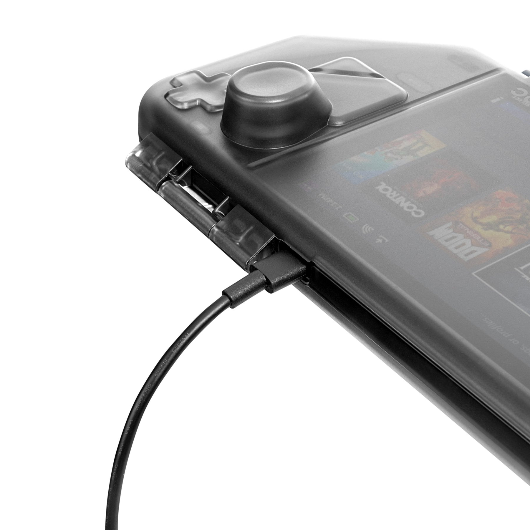 Kontroler do gier z podłączonym kablem ładującym. Ekran wyświetla grę.