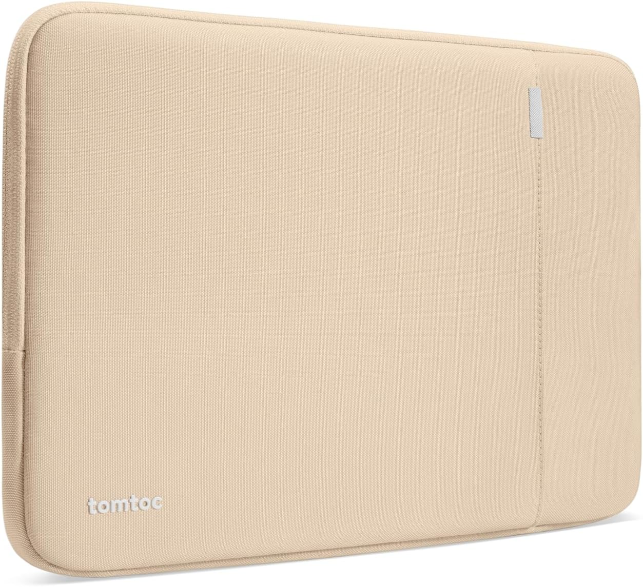 Beżowa torba na laptopa z logo tomtoc. Białe tło.