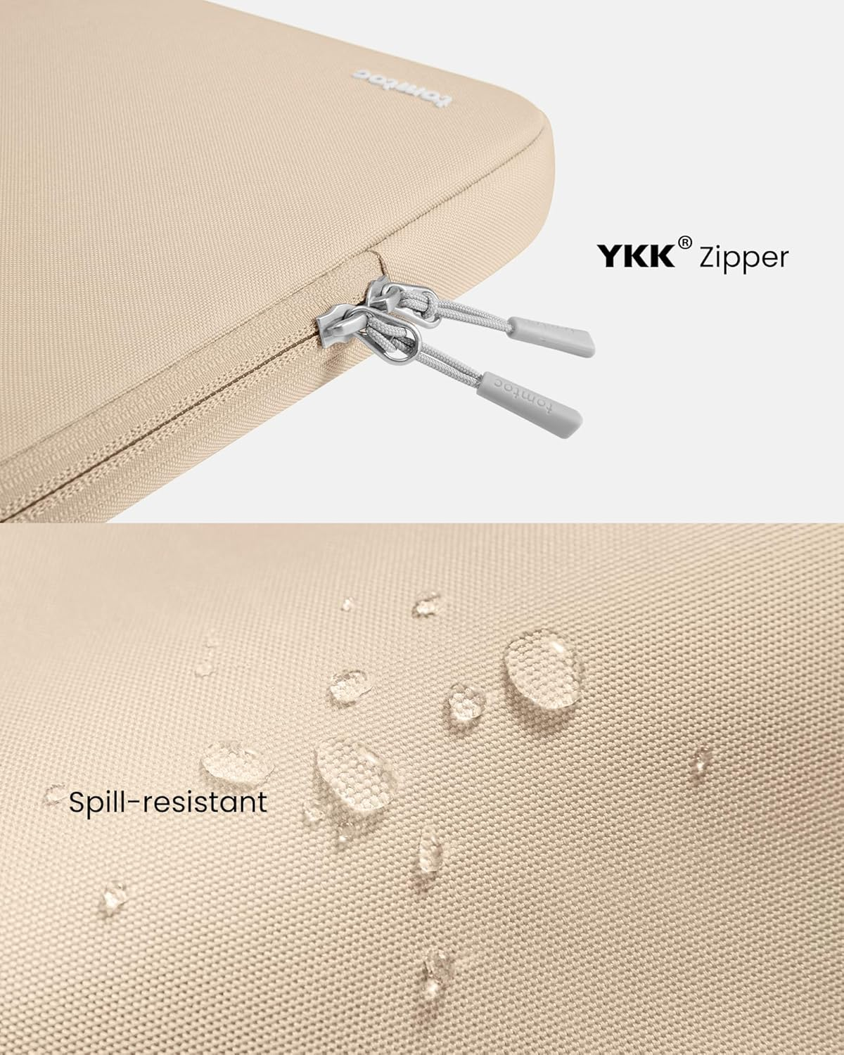 Zbliżenie beżowej torby na laptopa z kroplami wody na materiale. Tekst brzmi 'Odporny na rozlanie'.