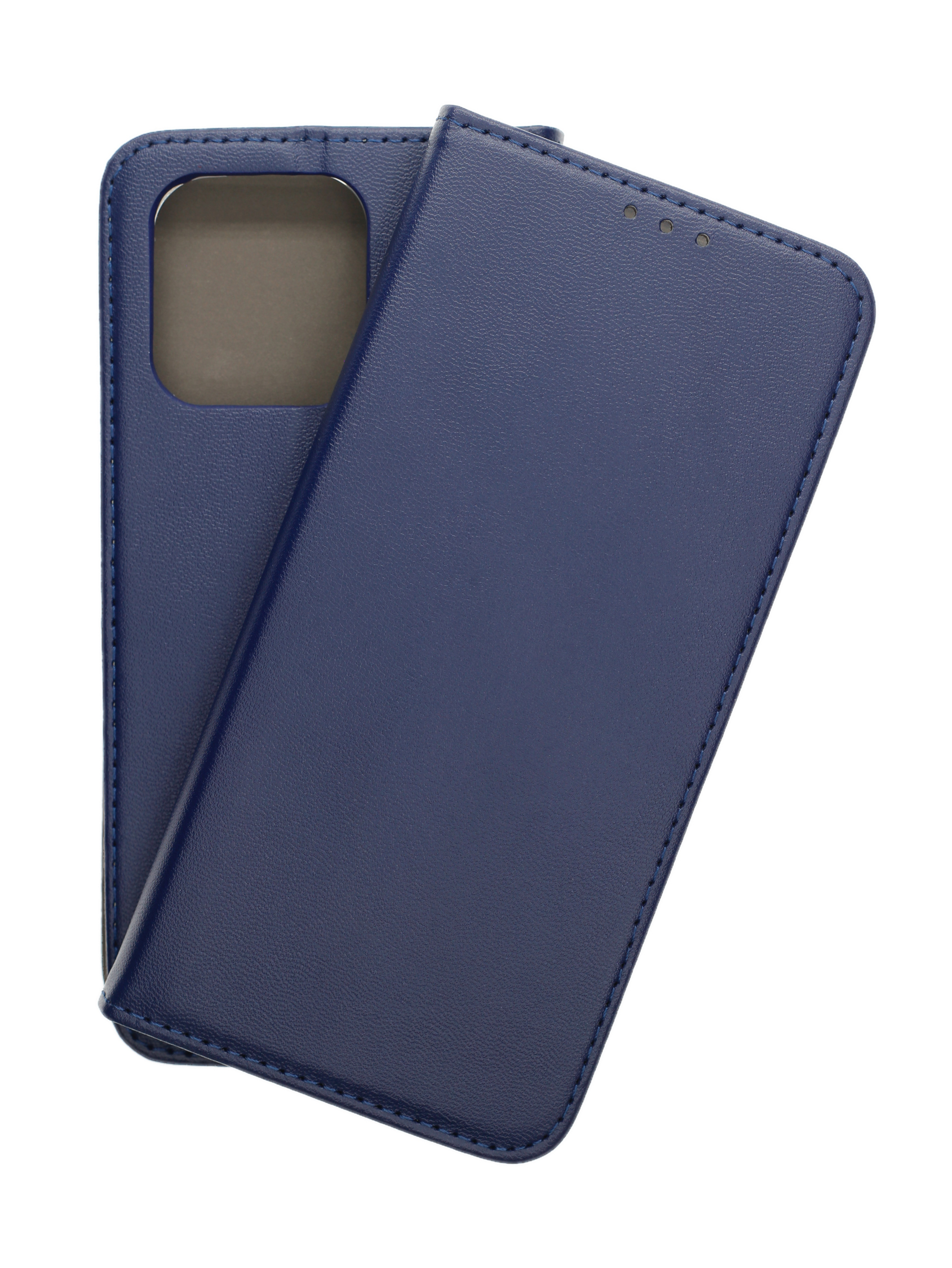 Blaue Leder-Handyhülle, geöffnet mit hochgeklapptem Deckel.