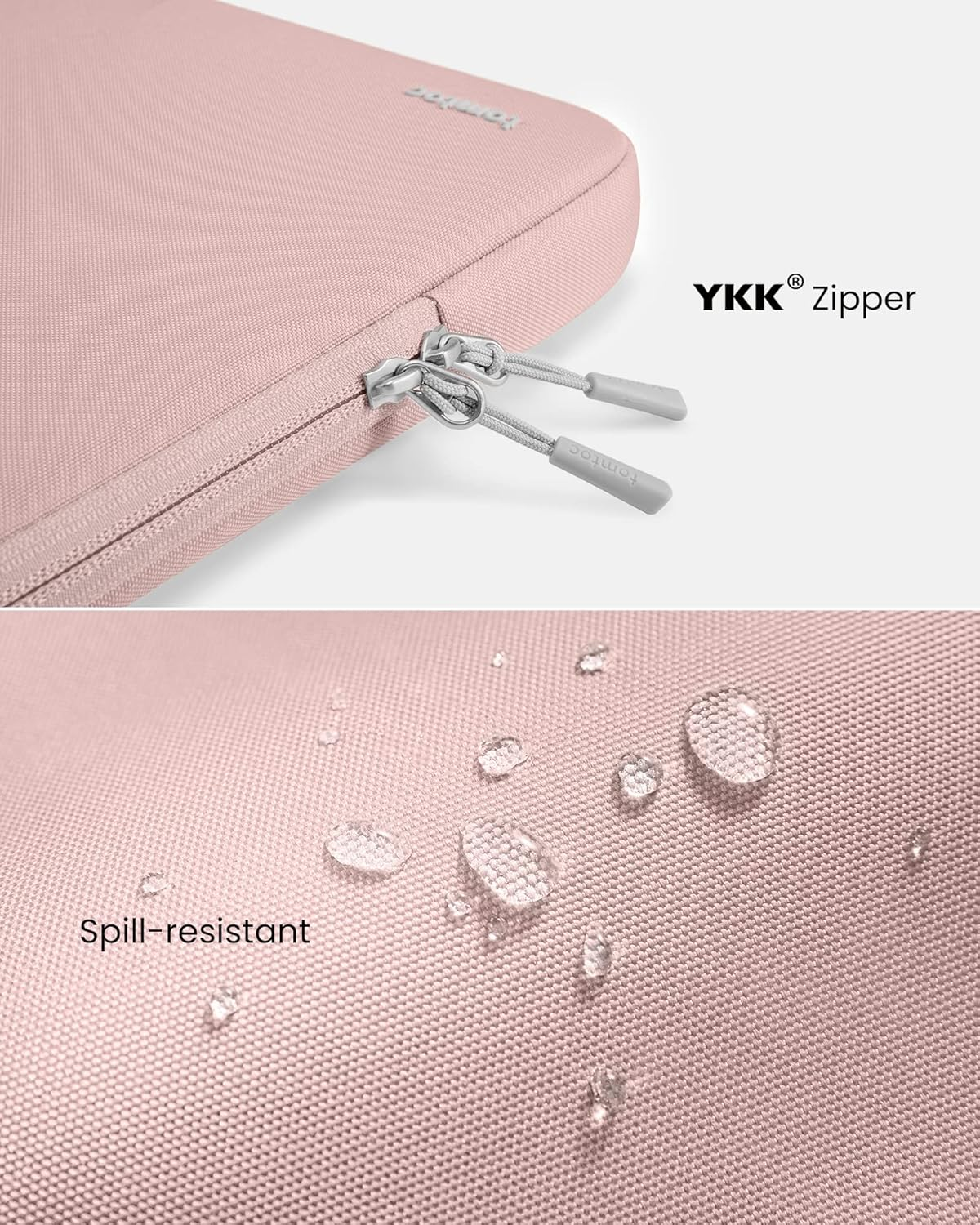 Zbliżenie różowego etui na laptopa z zamkami YKK i kroplami wody.