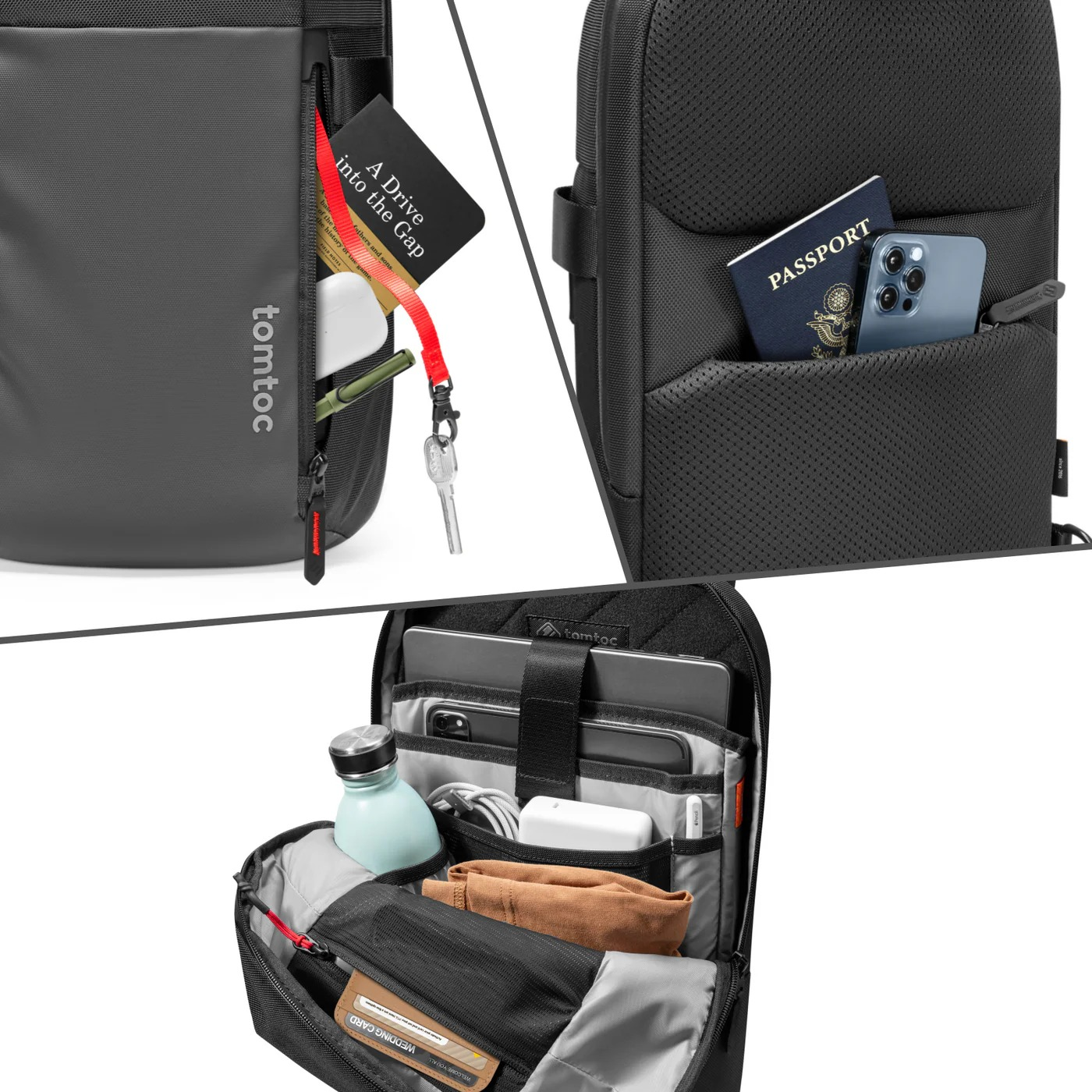 Czarny plecak z wieloma kieszeniami i przegrodami. Plecak jest otwarty, pokazując zawartość.