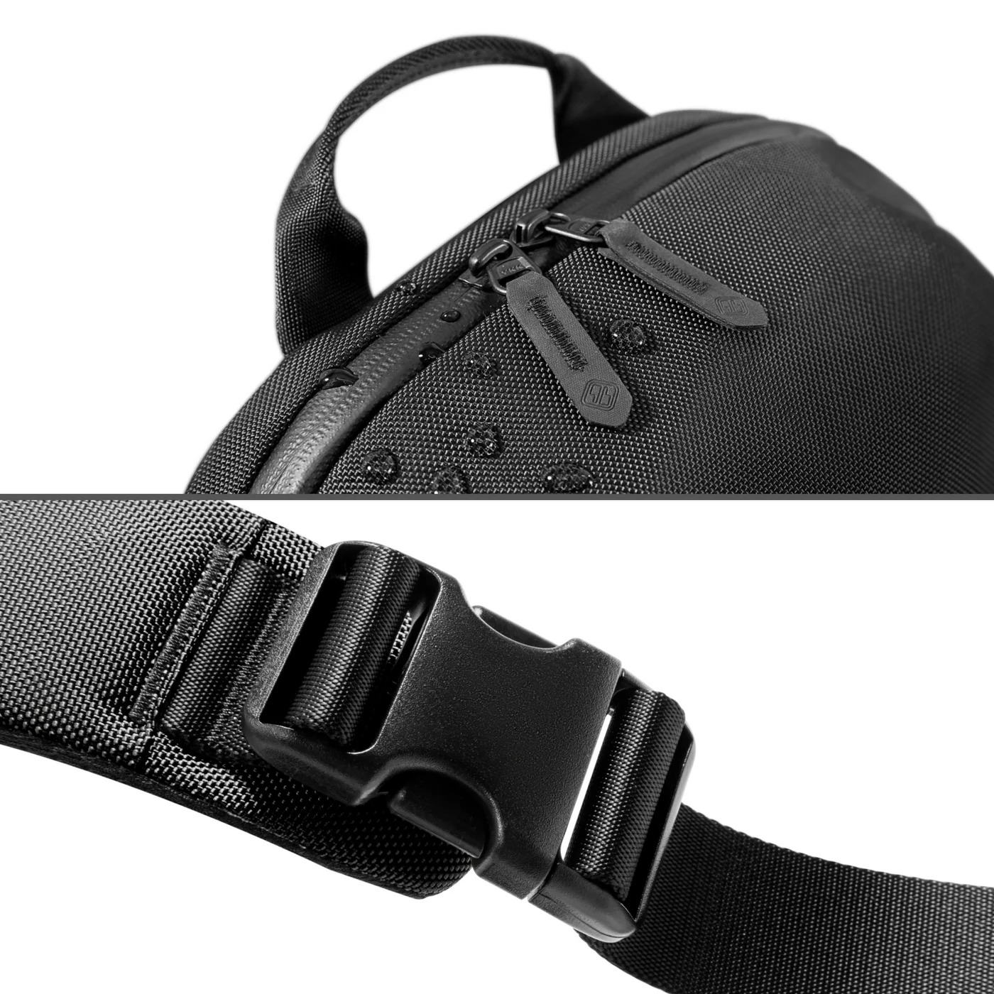 Zbliżenie czarnej torby ze szczegółami zamka i paska.