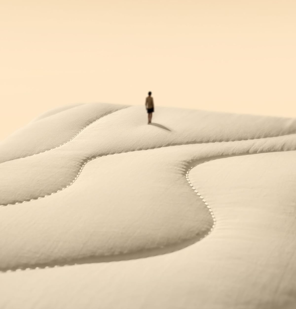 Mała postać idzie po dużej, teksturowanej powierzchni. Beżowe tony i rozmyte tło.