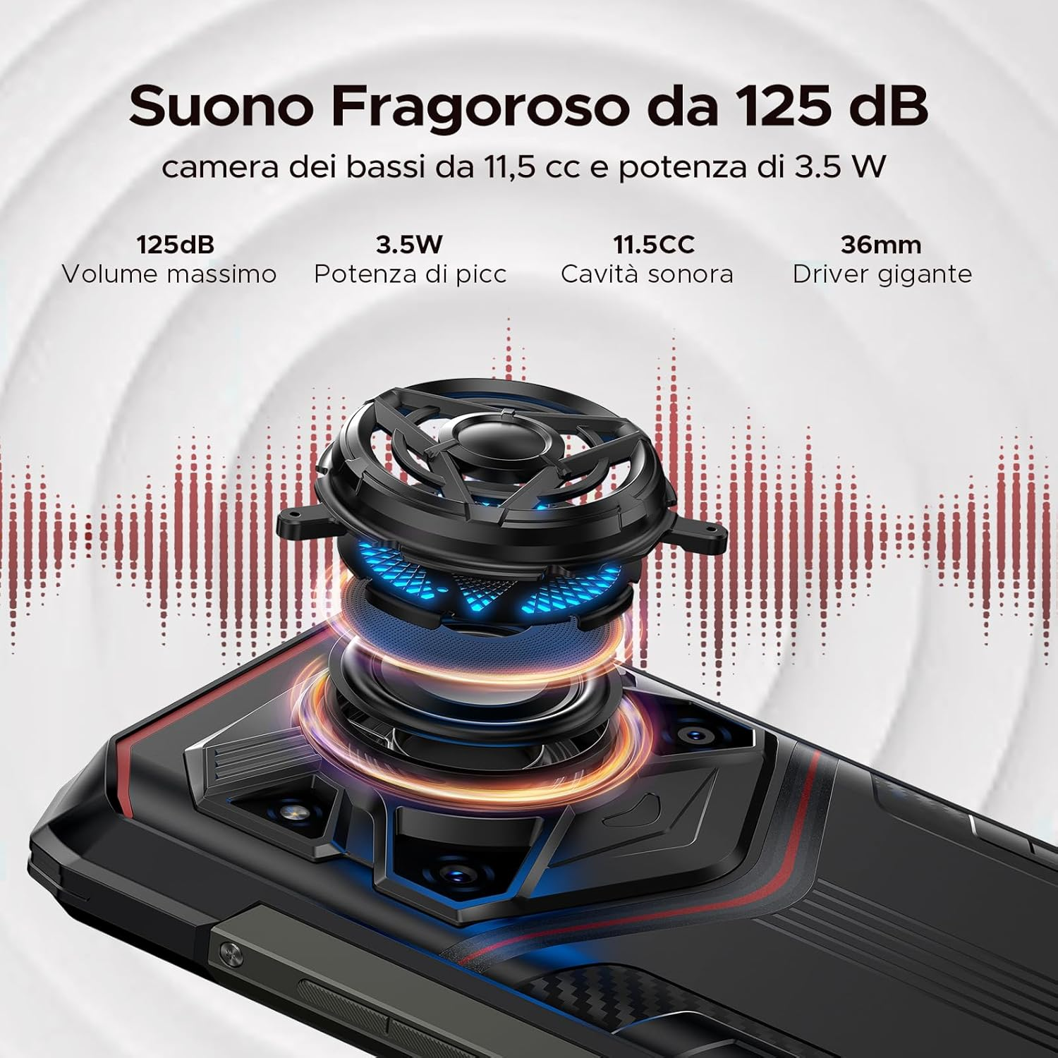 I componenti interni di un telefono con grafici di onde sonore e vari elementi audio.