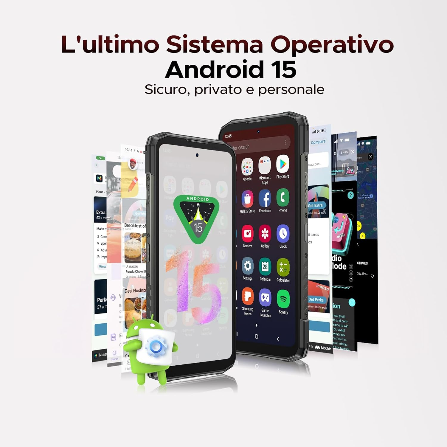 Due telefoni che mostrano Android 15 sui loro schermi, con una mascotte di Android in primo piano.