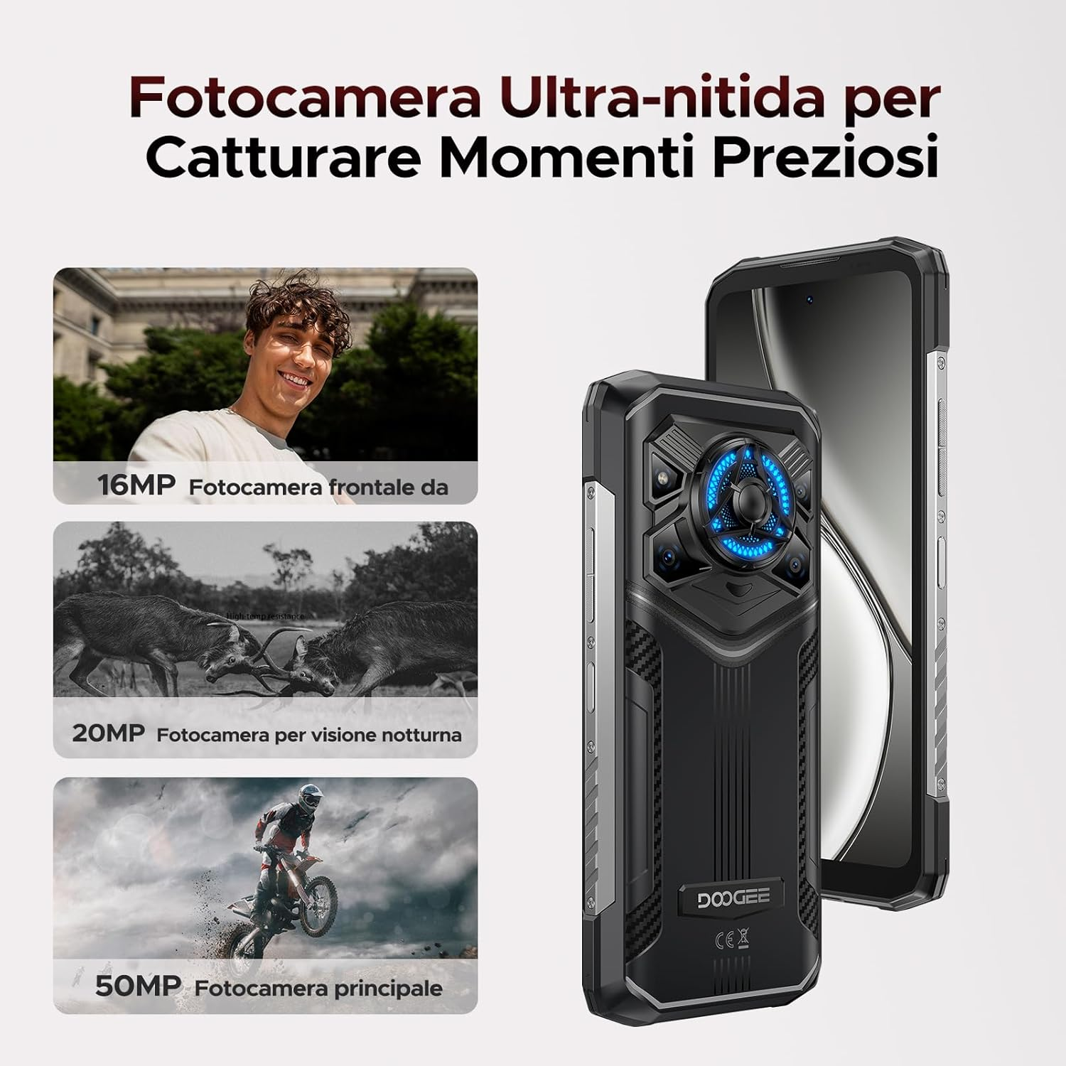 Immagini di una persona, animali e un motociclista a sinistra, con un telefono a destra.
