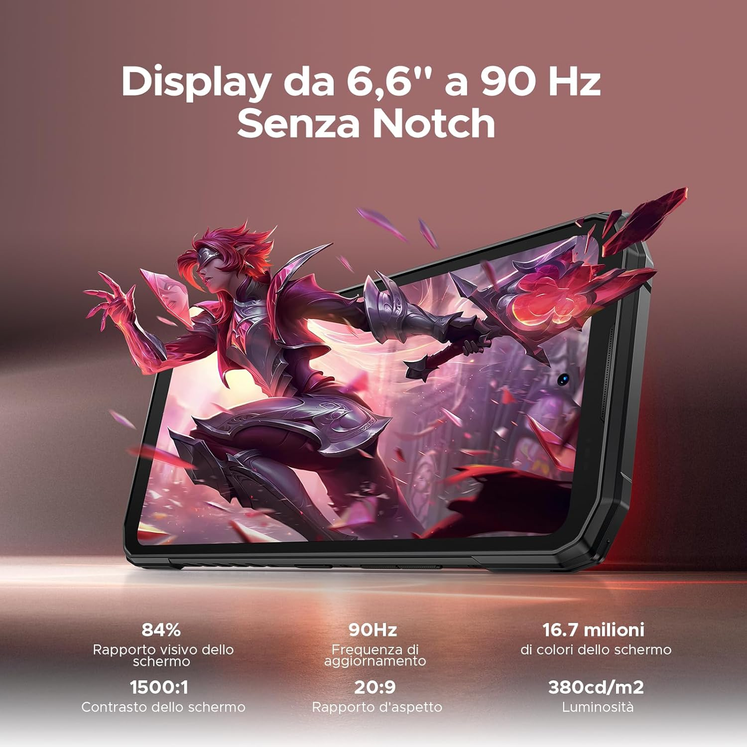 Un telefono che mostra una scena di gioco con un grande schermo, mostrando dettagli visivi e informazioni sul display.