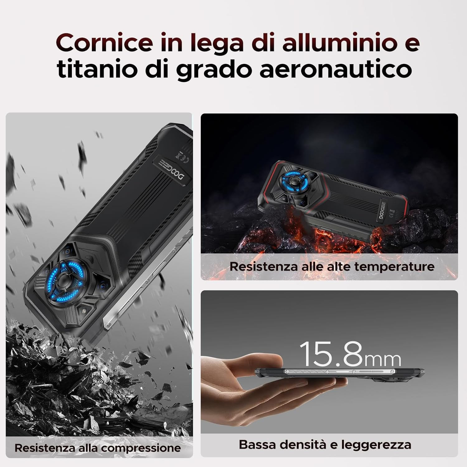 Immagini che mostrano elementi dello smartphone: resistenza agli urti, resistenza alle alte temperature e un profilo sottile.