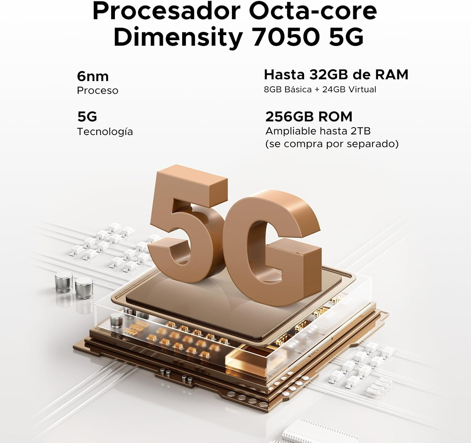 Das Bild zeigt ein Smartphone, das mit seinem Octa-Core Dimensity 7050 5G-Prozessor wirbt.