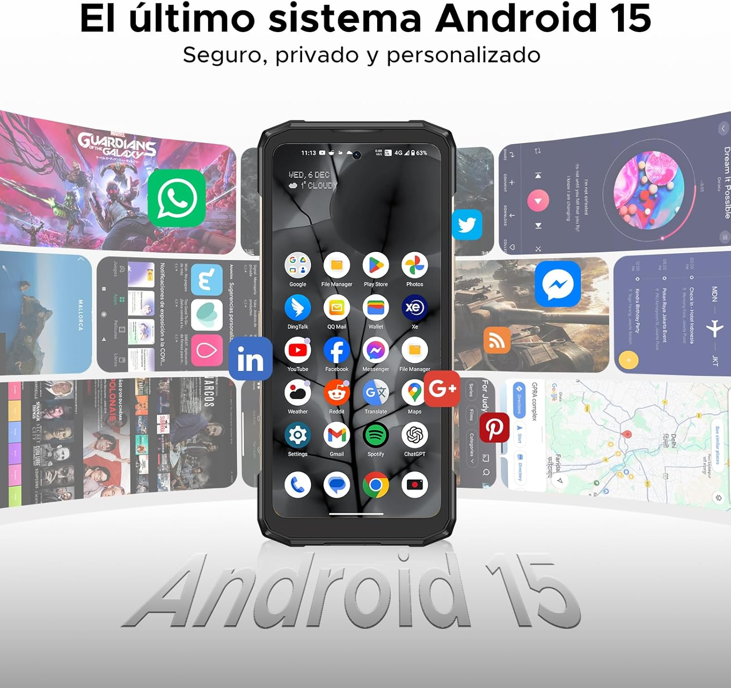 Smartphone mit Android 15 Oberfläche. Auf dem Bildschirm werden verschiedene App-Symbole angezeigt.