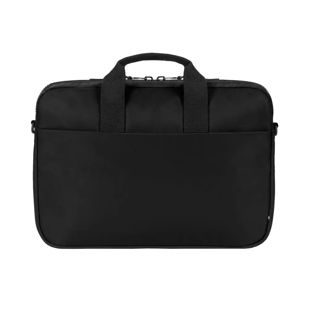 Borsa nera per laptop con manico e tasca. La borsa è semplice e lo sfondo è bianco.