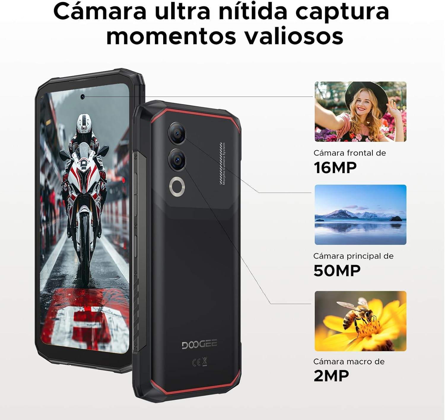 Bild, das ein Smartphone zeigt. Der Bildschirm zeigt ein Motorrad, die Rückseite hat 3 Kameras.
