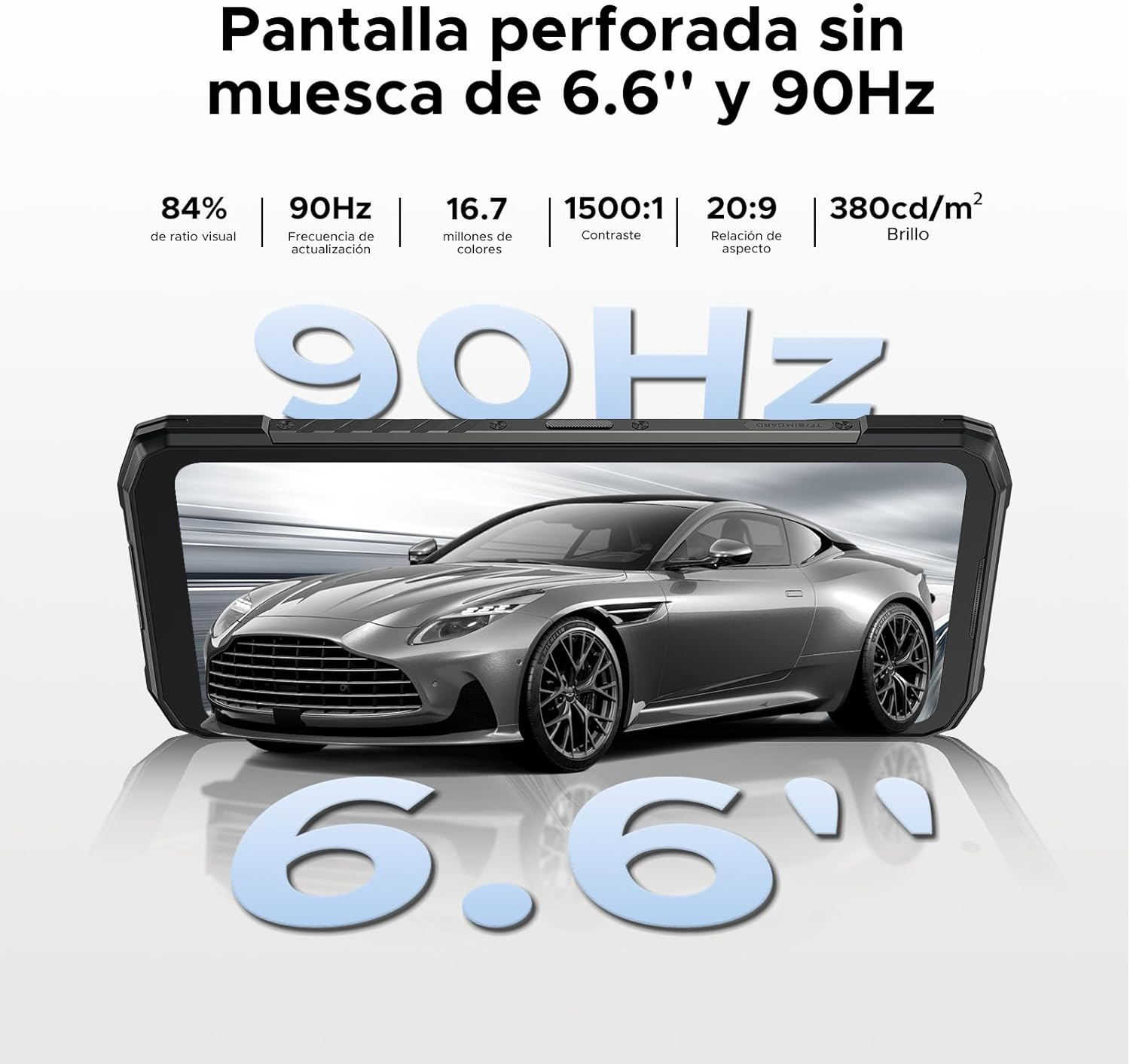 Das Bild zeigt einen Smartphone-Bildschirm, der ein Auto zeigt und mit einem 6,6" 90Hz-Display wirbt.