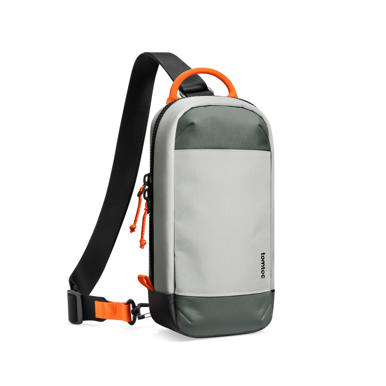 Szara i zielona torba na ramię z pomarańczowym paskiem i uchwytem. Marka 'tomtoc' jest widoczna.