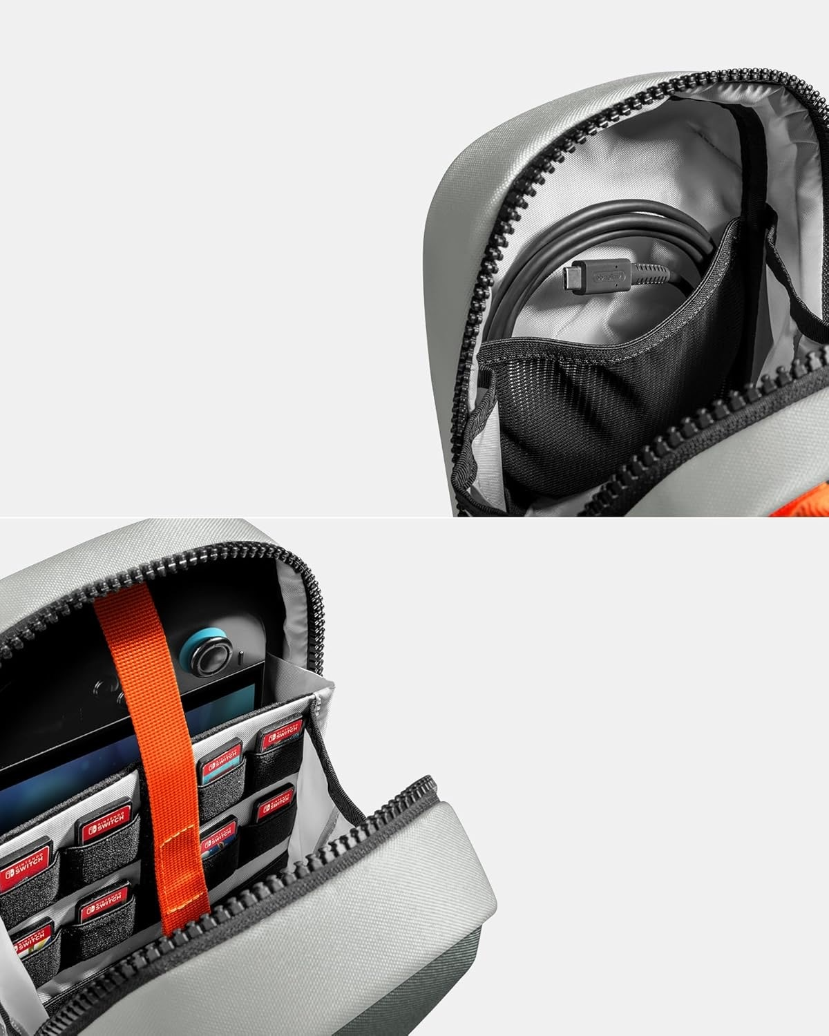 Torba z przegródkami. Wewnątrz znajduje się Switch, kable i kartridże do gier.