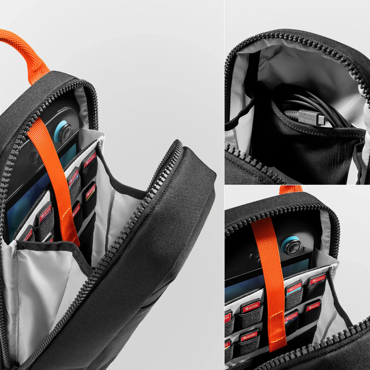 Zbliżenie wnętrza czarnej torby z konsolą Switch i kartridżami do gier. Białe tło.