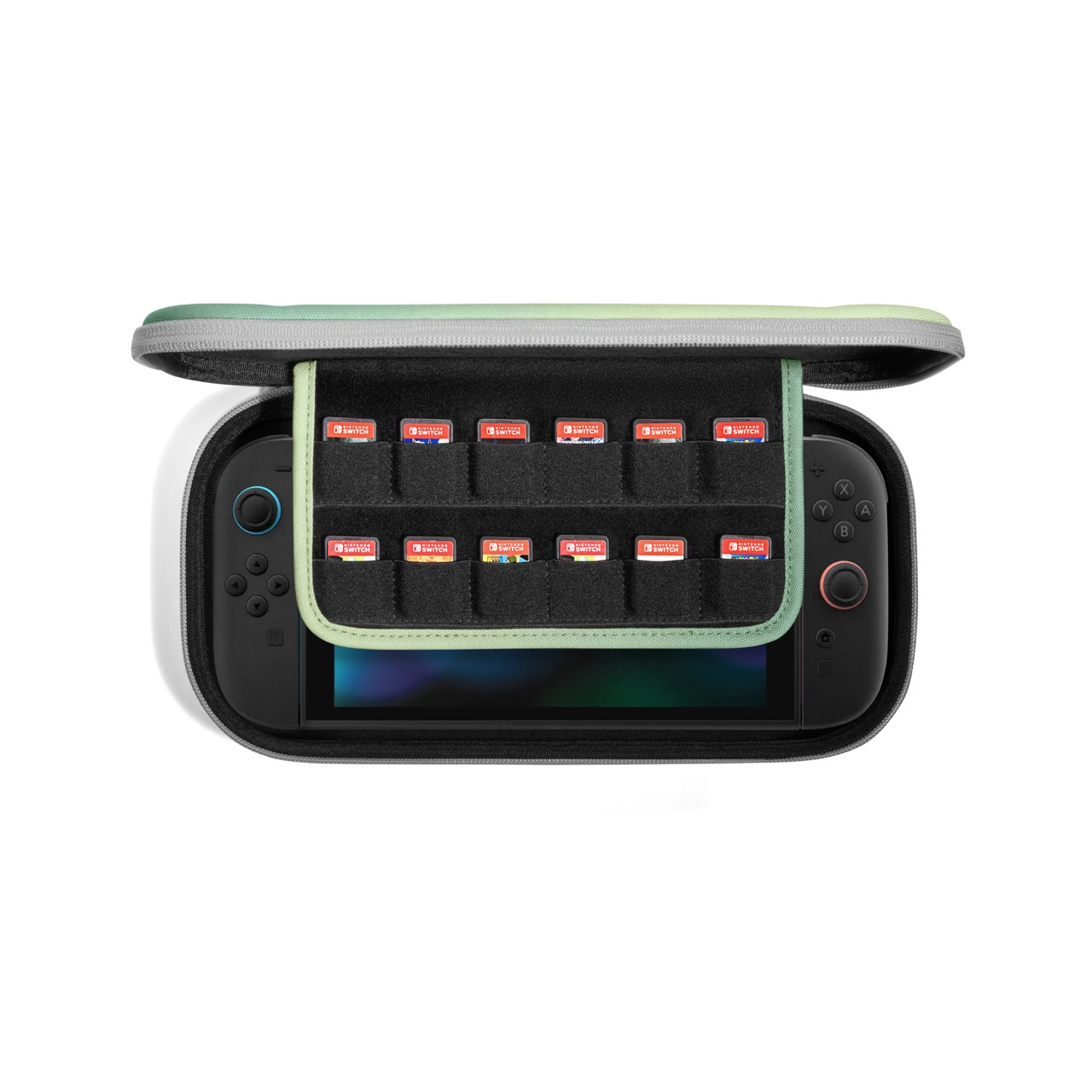 Otwarty futerał z Nintendo Switch i kartridżami do gier. Kartridże są widoczne w środku.