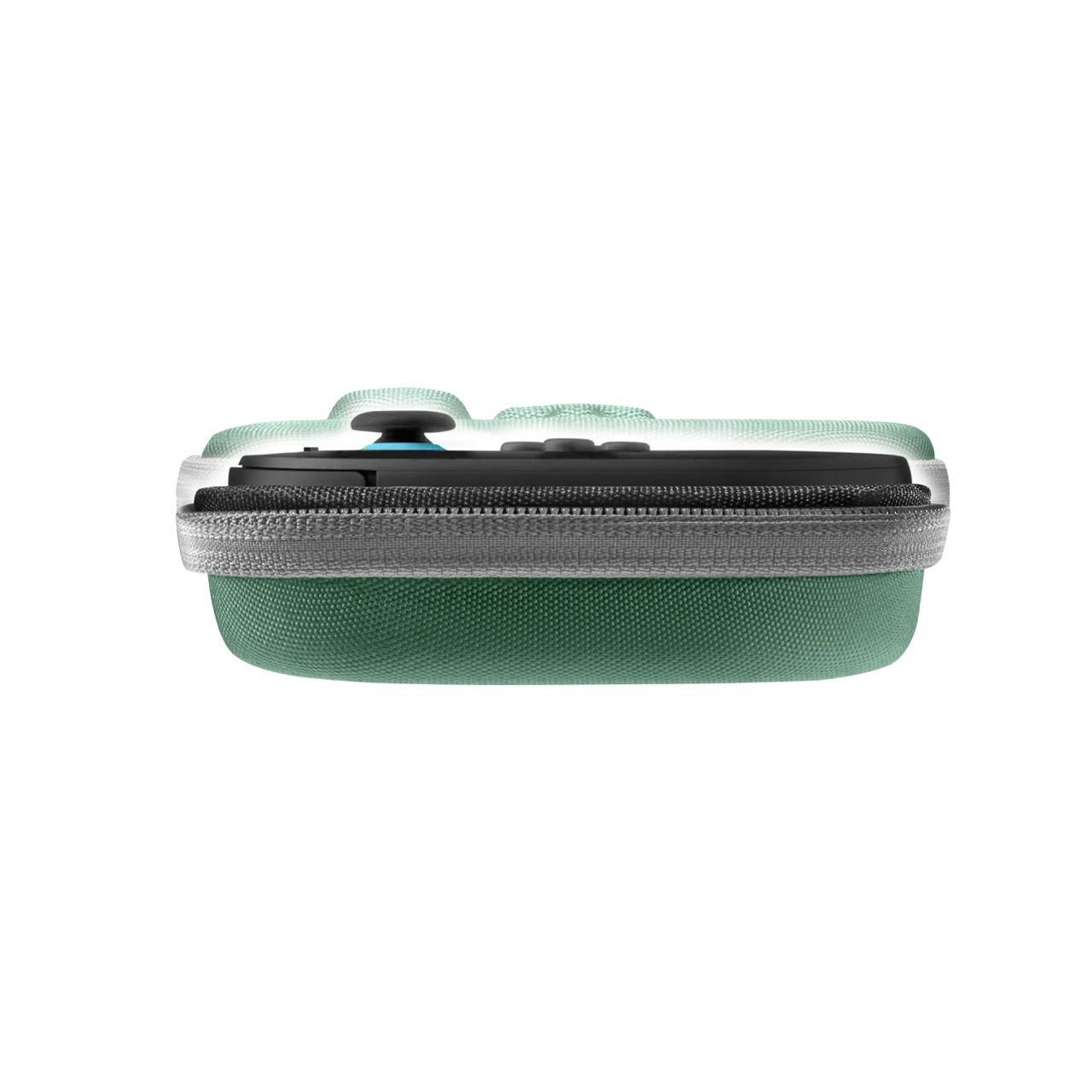 Widok z boku zielonego i szarego etui na Switch. Białe tło.